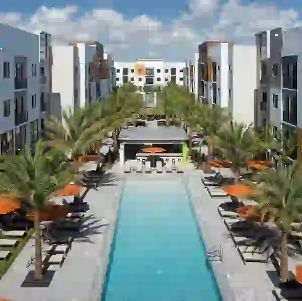 University Park outdoor lounge area with pool