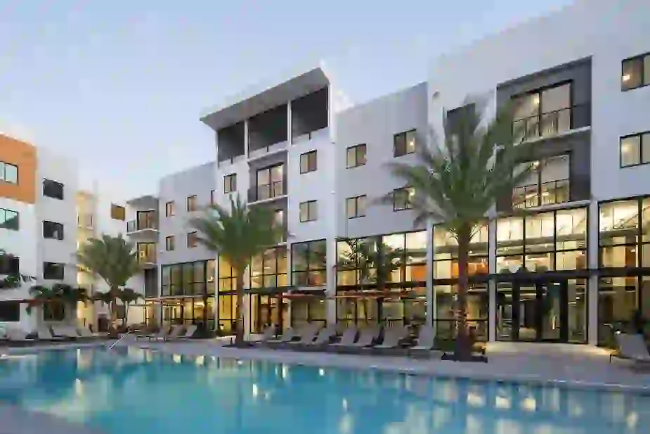 Pool courtyard at University Park during sunset
