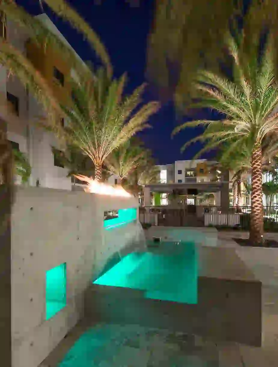 Water feature with resident courtyard in background